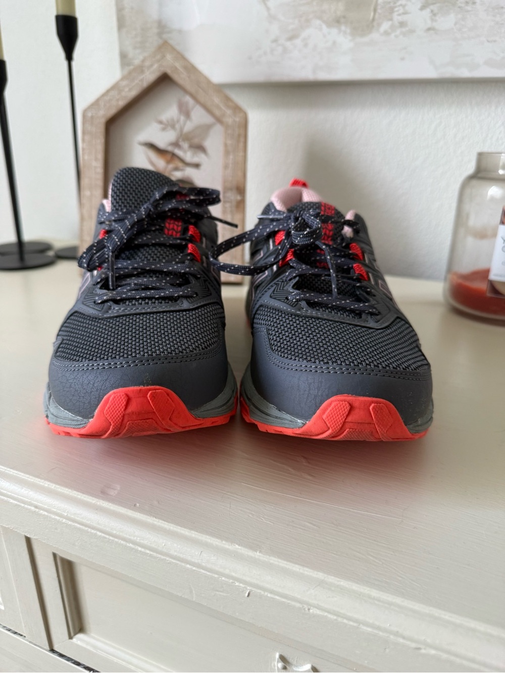 Asics Dark Gray and Coral Pink Trail Running Sneakers - Picture 9 of 13